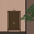 Modern Chinese Entryway Side Cabinet With Slatted Doors Beige Wall And Green Pine Tree