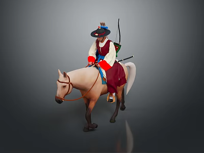 Man Riding White Horse Wearing Traditional Red Clothing With Black Hat And Bow 3d model