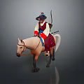 Man Riding White Horse Wearing Traditional Red Clothing With Black Hat And Bow