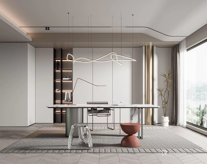 Modern Study Room Interior With Spacious Desk Ergonomic Chair And Hanging Pendant Lights 3d model 