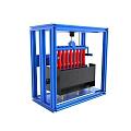 Blue Framed Mechanical Device With Red Cylinders Black Base And Golden Supports