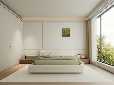 Modern Bedroom Interior With Large Bed Green Bedding White Wardrobes Bedside Tables And Window View 3d model