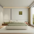 Modern Bedroom Interior With Large Bed Green Bedding White Wardrobes Bedside Tables And Window View