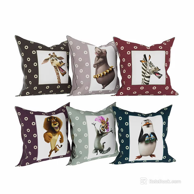 Multiple Decorative Pillows Featuring Animal Patterns And Polka Dot Background In Various Colors 3d model