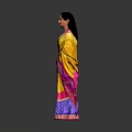 Traditional Indian Woman Wearing Yellow Pink Saree With Blue Border On Grey Background