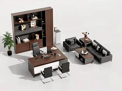 Modern Office Desk with Bookshelf Books Decorations Office Chair Sofa Coffee Table and Potted Plant 3d model