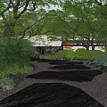 Serene Natural Garden Landscape With Stone Path Green Plants Trees And Rocks