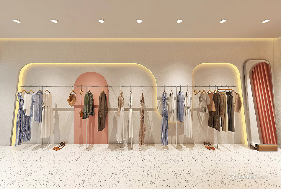 Sleek Modern Clothing Store Interior With Clothes On Hangers Curved Walls And Shoes 3d model 