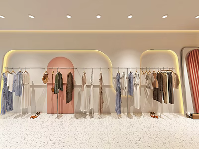 Sleek Modern Clothing Store Interior With Clothes On Hangers Curved Walls And Shoes 3d model