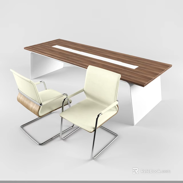Modern Office Desk With Wooden Top White Legs And Light Colored Metal Leg Chairs 3d model 