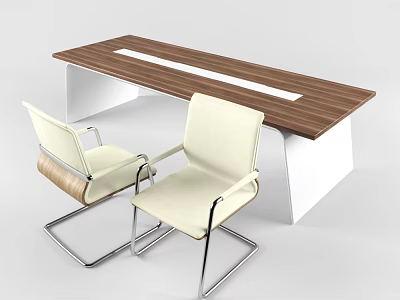 Modern Office Desk With Wooden Top White Legs And Light Colored Metal Leg Chairs 3d model