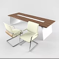 Modern Office Desk With Wooden Top White Legs And Light Colored Metal Leg Chairs