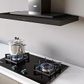 Modern Kitchen Cookware with Black Range Hood Gas Stove Transparent Pot and White Countertop