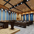 Modern Conference Room With Large Press Conference Screen Wooden Walls And Black Chairs