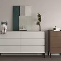 Modern Minimalist Entryway Cabinet And Side Cabinet With Abstract Painting Green Plant And Decorative Figurine
