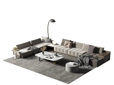 Modern L-shaped Sofa and Coffee Table Set with Cushions Floor Lamp and Gray Rug 3d model