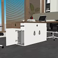 Modern Office Desk With Window Blinds Red Clock Laptop Wooden Drawer And Metal Cabinet