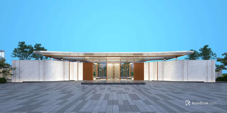 Modern Entrance Gate With White Walls Wooden Elements Glass Doors Paved Plaza And Blue Sky 3d model 