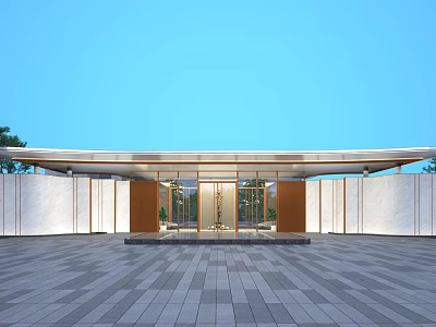 Modern Entrance Gate With White Walls Wooden Elements Glass Doors Paved Plaza And Blue Sky 3d model