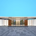 Modern Entrance Gate With White Walls Wooden Elements Glass Doors Paved Plaza And Blue Sky