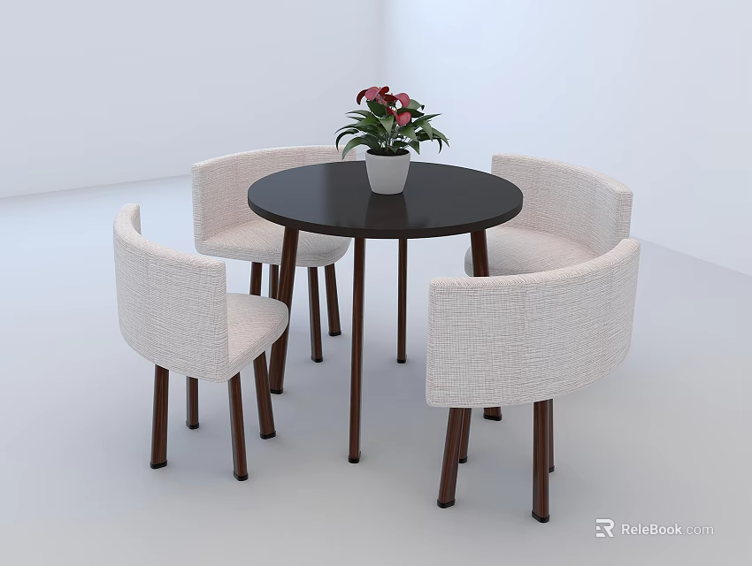 Round Black Dining Table and Four Light Upholstered Chairs Set with Flower Pot 3d model