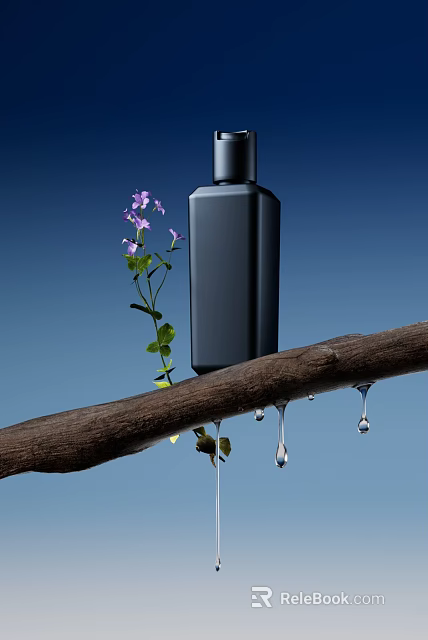 Black Liquid Soap Bottle On Wooden Branch With Purple Flowers And Water Drops 3d model 