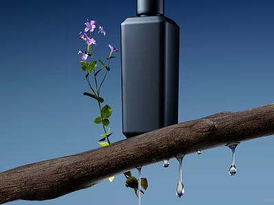 Black Liquid Soap Bottle On Wooden Branch With Purple Flowers And Water Drops 3d model