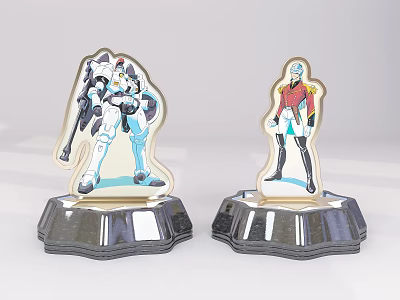 Two Character Figurines With Shiny Silver Bases Featuring Mecha And Humanoid Designs 3d model