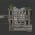 Detailed Ruined Building Structure With Green Plants Balconies And Stone Slabs