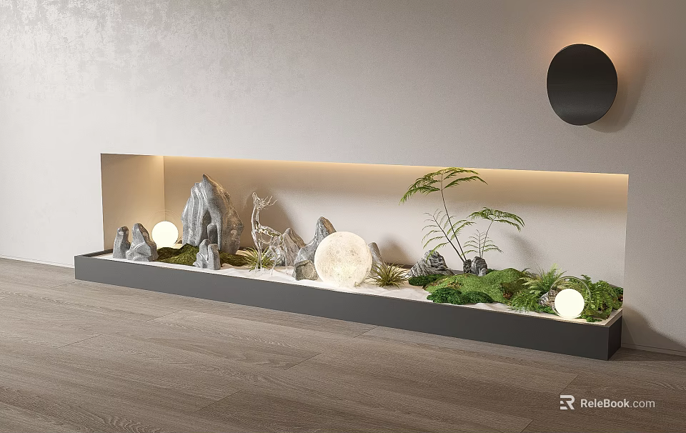 Indoor Landscape Design With Rock Formations Green Moss Plants And Soft Ambient Lighting 3d model 