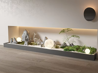 Indoor Landscape Design With Rock Formations Green Moss Plants And Soft Ambient Lighting 3d model