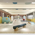 Kindergarten Playroom Interior With Round Lights Large Windows Yellow Walls Colorful Balls And Elephant Toy