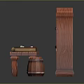 Wooden Functional Desk Featuring Bookshelf With Books Scrolls Candles And Barrel