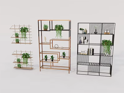 Modern Stylish Garden Decor Shelves With Green Plants And Decorative Items 3d model