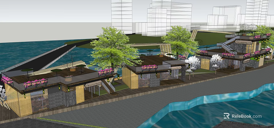 Scenic Waterfront Commercial Street With Modern Shops Green Trees And Pedestrian Walkways 3d model 