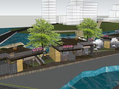 Scenic Waterfront Commercial Street With Modern Shops Green Trees And Pedestrian Walkways 3d model