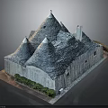 Detailed Traditional Stone Building Model With Multiple Conical Roofs And Greenery