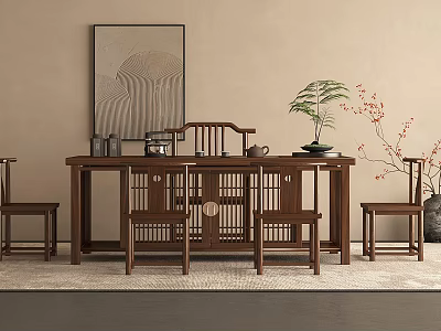 Chinese Style Tea Table And Chairs Interior With Teaware And Plant 3d model