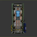 Green Vertical Industrial Device With Human Figure Blue Cylinder And Warning Stripes