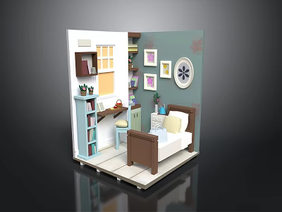 Cozy Miniature Room Interior With Green Walls Desk Bed And Framed 3d model