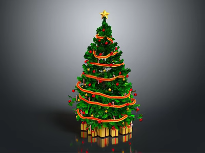 Green Christmas Tree With Star On Top Colorful Ribbons Ornaments And Gift Boxes 3d model