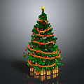 Green Christmas Tree With Star On Top Colorful Ribbons Ornaments And Gift Boxes