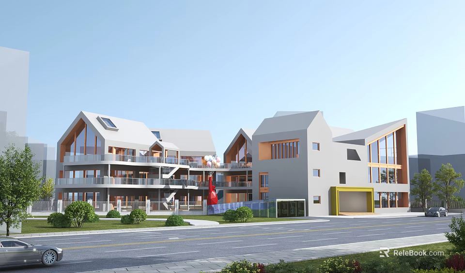 Modern Multi storey School Building With White Roof Glass Curtain Wall Red Flag Lawn And Road 3d model 