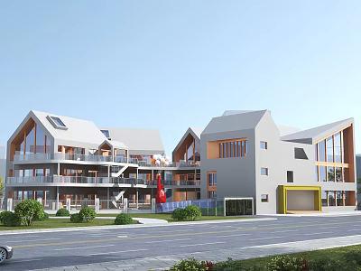 Modern Multi storey School Building With White Roof Glass Curtain Wall Red Flag Lawn And Road 3d model