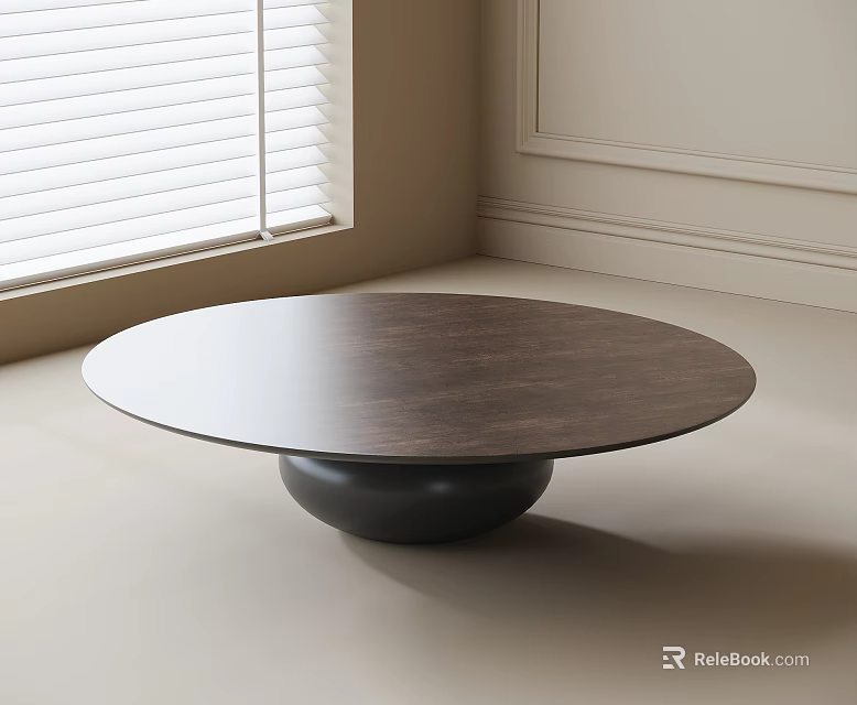 Round Coffee Table With Wooden Top And Black Base In Modern Living Room 3d model 