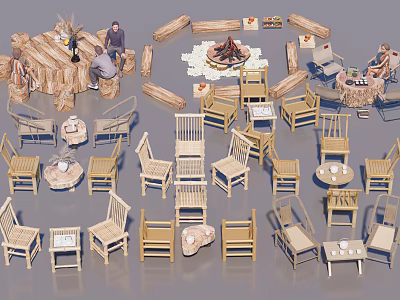 Natural Wooden Table And Chair Sets With Various Designs For Living Spaces 3d model