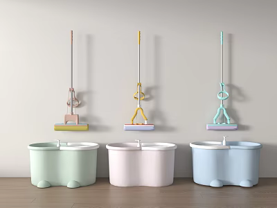 Three Colorful Bathtubs in Light Green Pink and Blue with Hanging Mops and Buckets 3d model