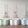 Three Colorful Bathtubs in Light Green Pink and Blue with Hanging Mops and Buckets