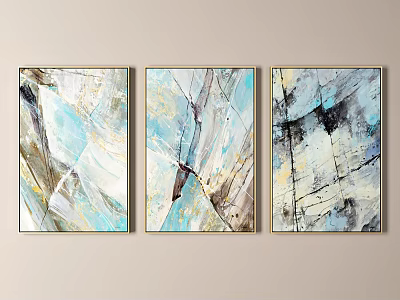 Three Abstract Paintings with Blue White Grey Black Tones Modern Wall Decor Artwork 3d model