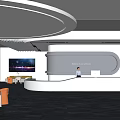 Modern Reception Desk Interior With Person Standing Large Screen And Circular Windows 3d model